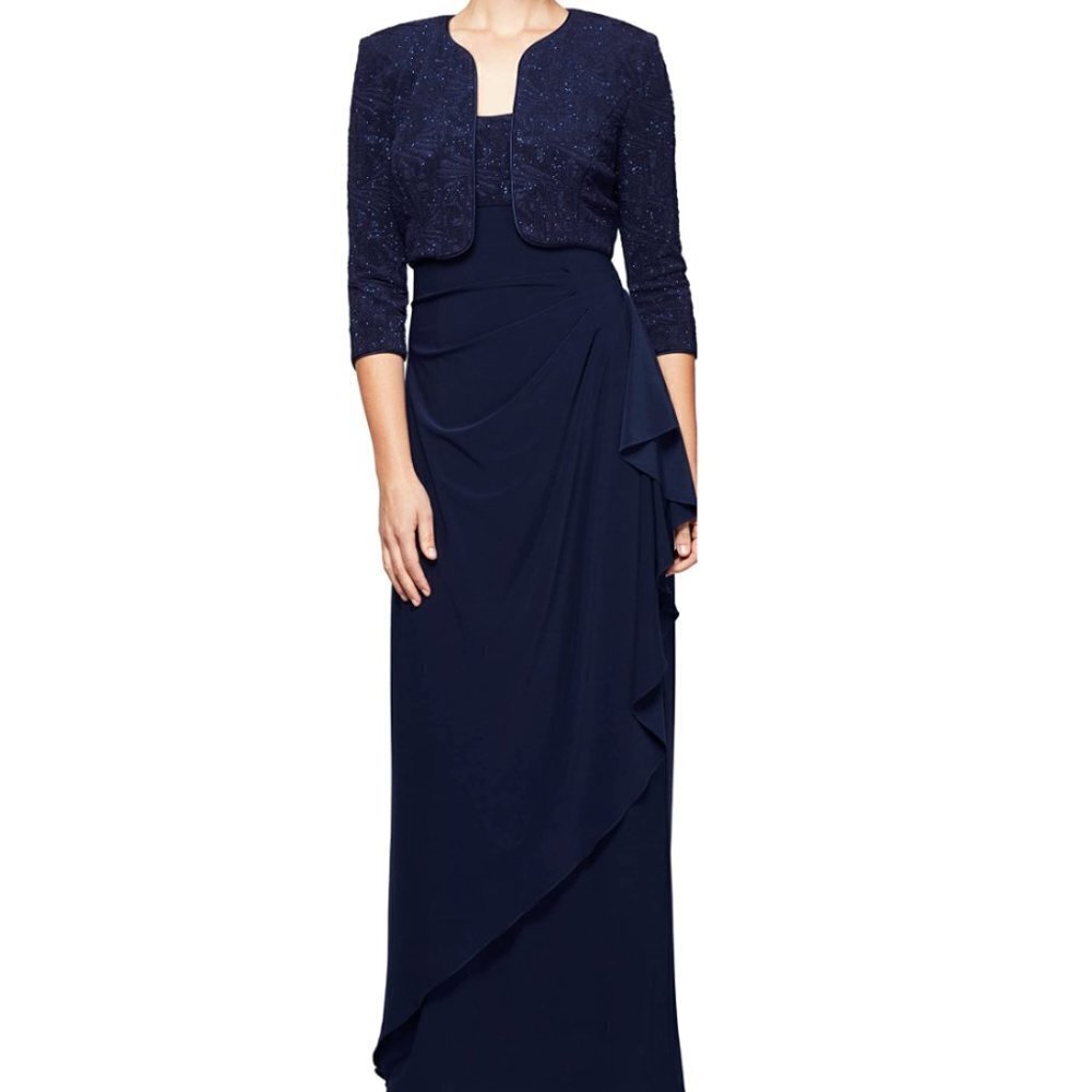 Alex Evenings Draped Column Gown with Bolero Jacket Dark Azure Size 18 NWT